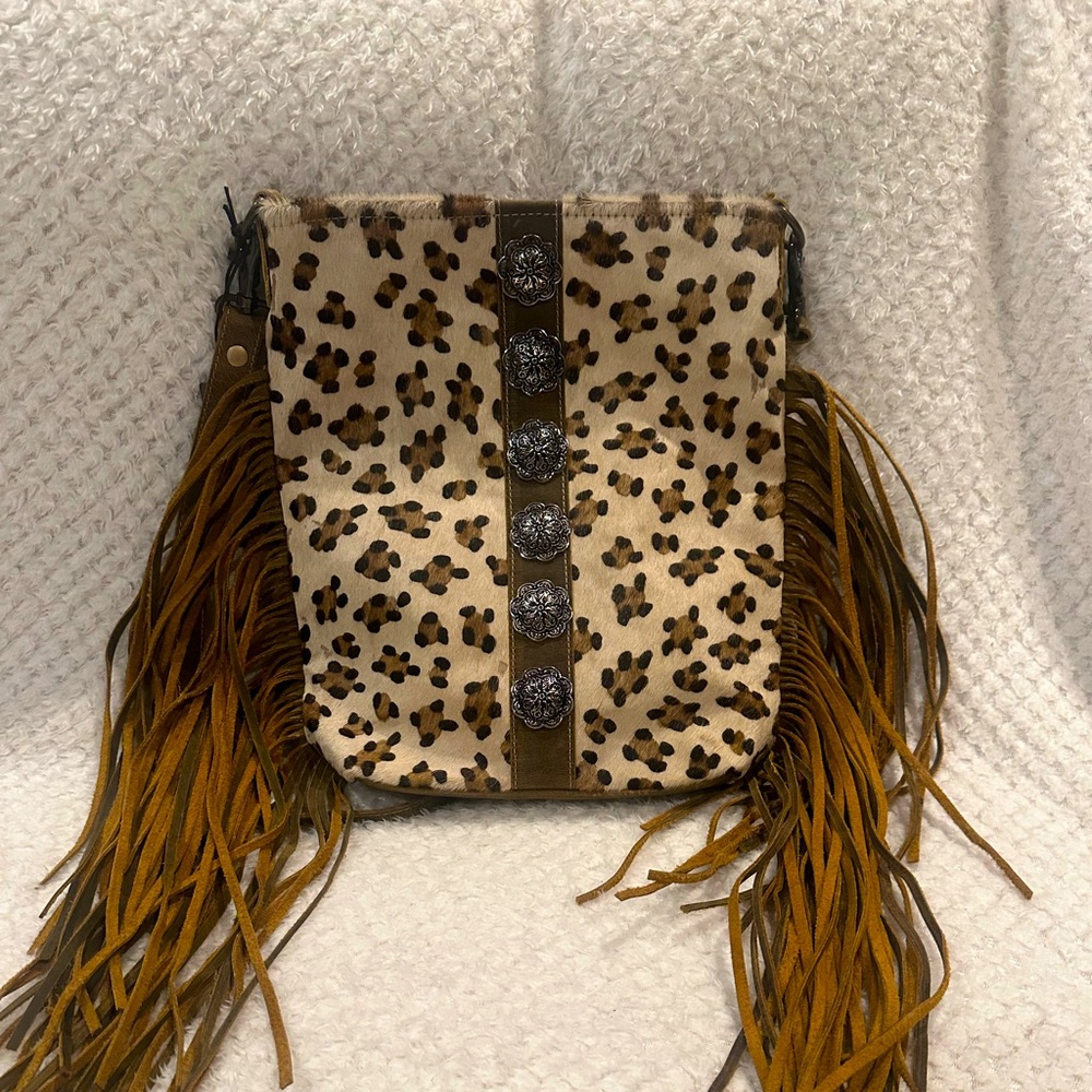 Myra Bag Leopard Print Fringe Crossbody in Cream, Brown, Tan
